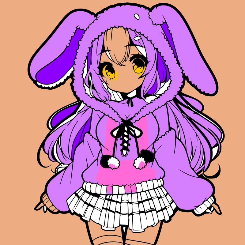 pretty anime girl wearing a fluffy hoodie with bunny ears on the hood and a skirt