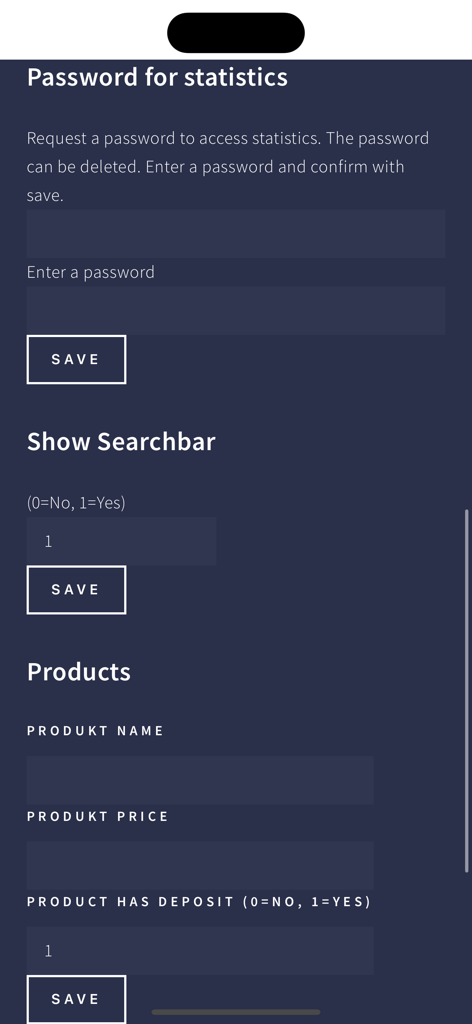 Bar Cash Register PRO - Settings screen of Bar Cash Register PRO app showing product configuration and statistics password setup
