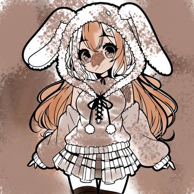 pretty anime girl wearing a fluffy hoodie with bunny ears on the hood and a skirt