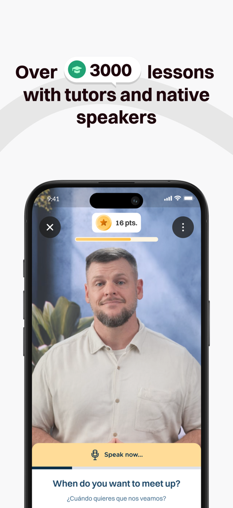 Mobile app screenshot showing an interactive video lesson with a native speaker and a voice command prompt.