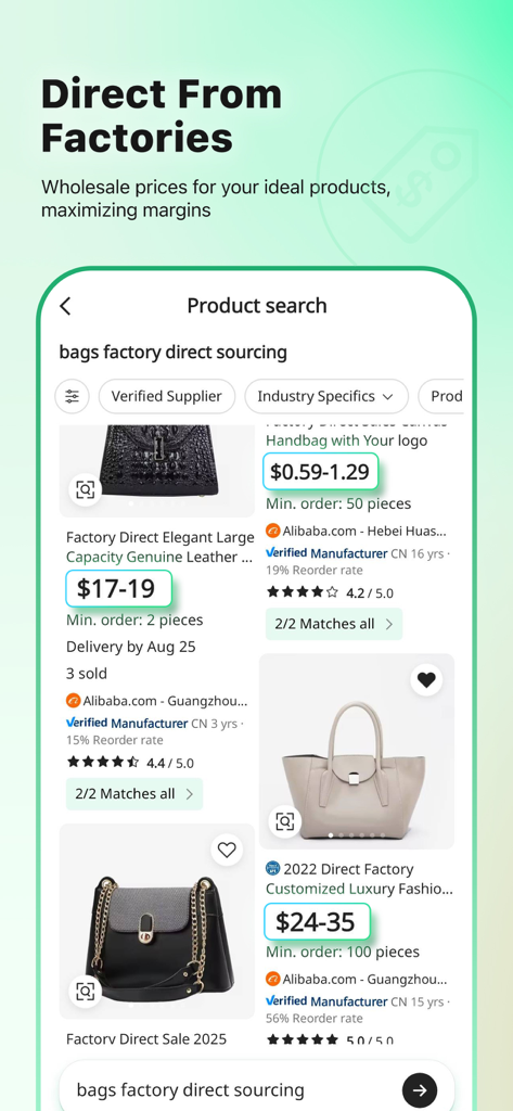 Accio app interface showing wholesale product search results for bags from direct factories