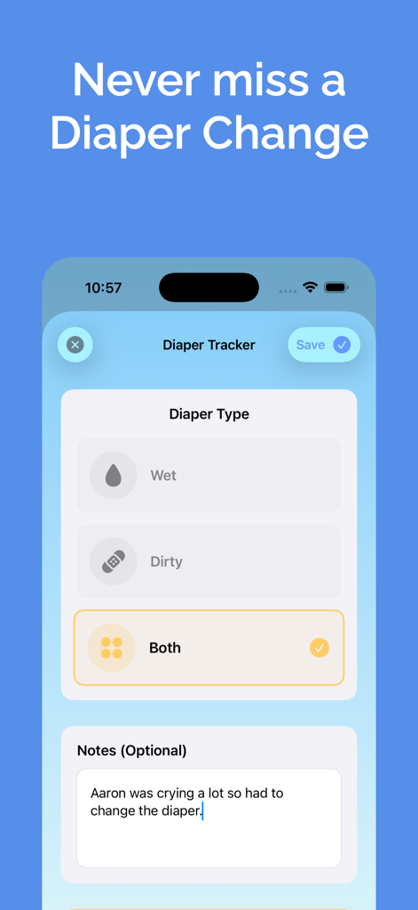 Baby Tracker-Feed & Pump Timer - Schermata del tracker pannolini nell'app Baby Tracker che mostra opzioni per pannolini bagnati e sporchi con una sezione note.
