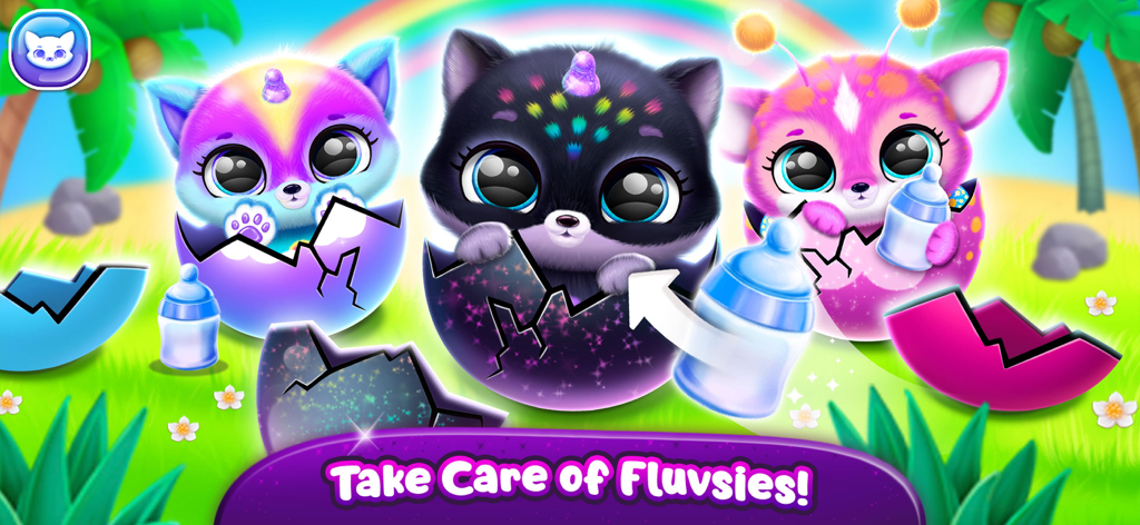 Fluvsies Pocket World - Three colorful Fluvsies pets hatching from eggs and being fed with baby bottles