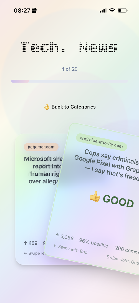 Gram News - A screenshot of the Gram News app interface displaying tech news headlines on swipeable cards with options to react good or bad