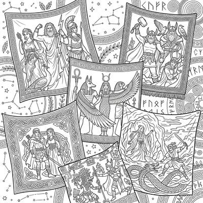 Explore a captivating collection of mythological figures from diverse cultures, beautifully rendered on intricate tapestries. This detailed coloring page offers an epic journey through ancient legends for your creative enjoyment.