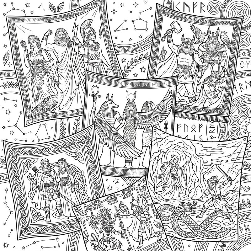 Explore a captivating collection of mythological figures from diverse cultures, beautifully rendered on intricate tapestries. This detailed coloring page offers an epic journey through ancient legends for your creative enjoyment.