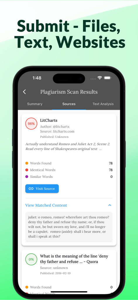 PlagScan : Plagiarism Checker - Plagiarism scan results screen on an iPhone showing a 98 percent similarity report with source analysis and matched content