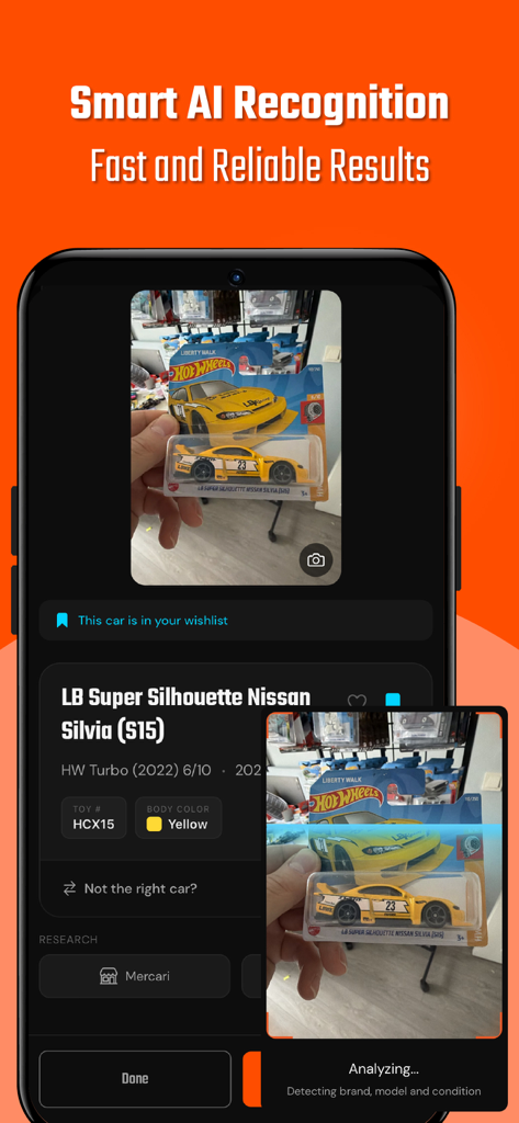 Hunt64: Diecast Car Collector - Smartphone screen of Hunt64 app showing AI recognition identifying a diecast car from its packaging.