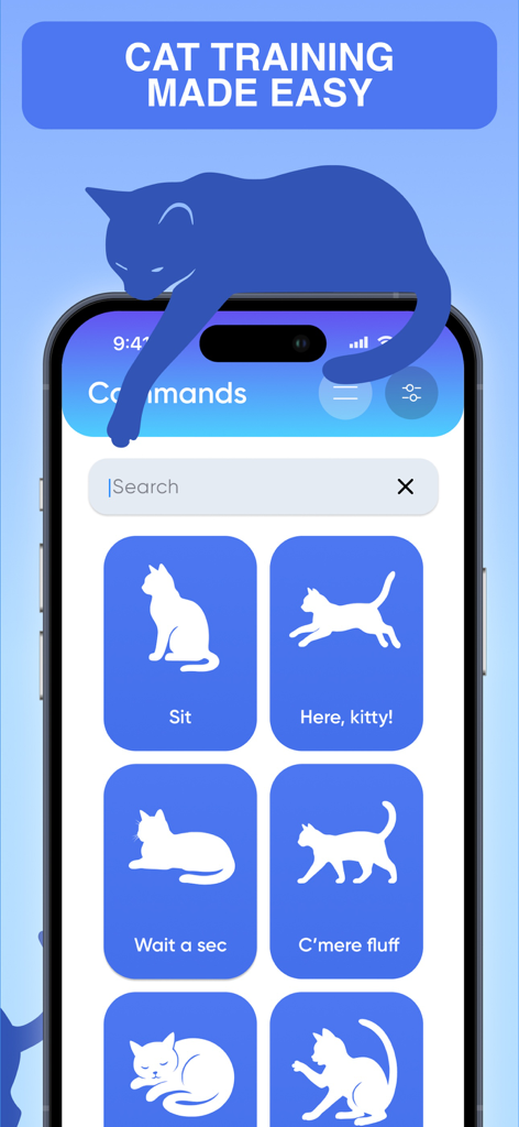 MeowLingo: Cat Translator - MeowLingo App-Oberfläche, die den Bildschirm für Katzentrainingsbefehle zeigt