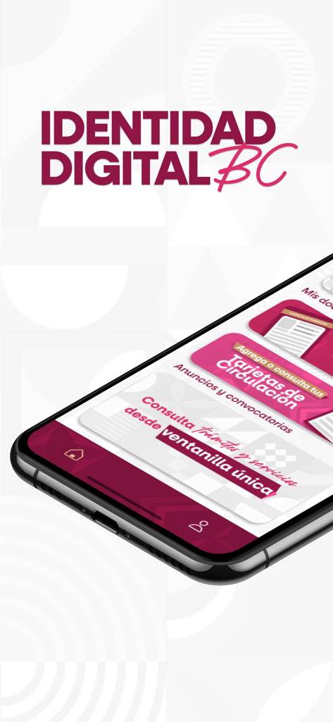 Identidad Digital BC - Smartphone displaying the Identidad Digital BC app interface with options for digital vehicle registration and driver services.