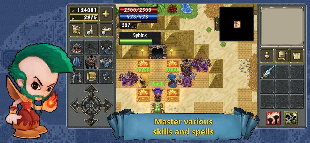 TibiaME - MMORPG - TibiaME 2D MMORPG gameplay showing characters exploring a desert temple with a focus on skills and spells.