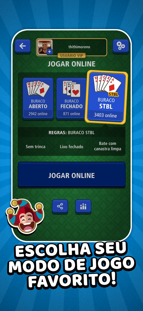 Buraco Jogatina: Jogo de Carta - Buraco Jogatina card game menu showing game modes like Aberto, Fechado and STBL with a play online button