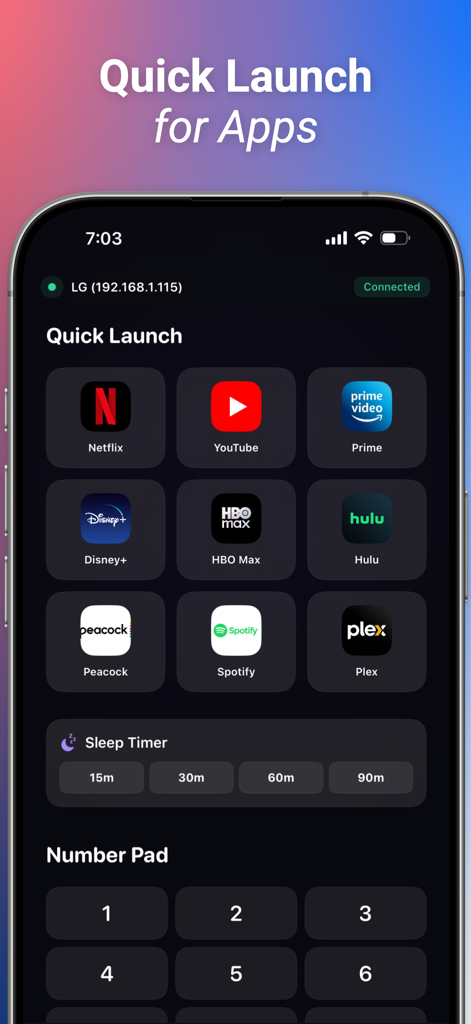 Remote Control for TV - Play + - Interface do aplicativo Controle Remoto para TV mostrando ícones de inicialização rápida para serviços de streaming e um temporizador de suspensão.