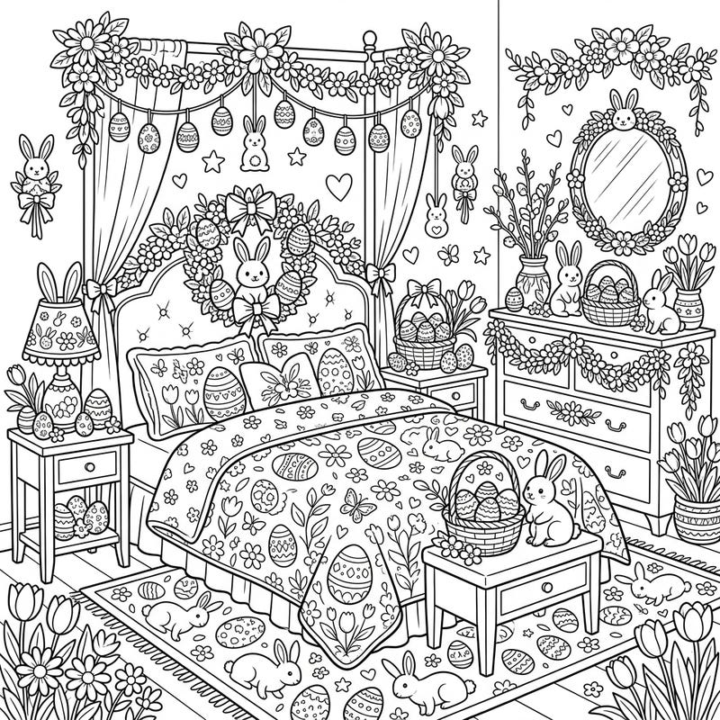 Step into a charming bedroom reimagined for an enchanting Easter celebration, where every piece of furniture is adorned with delightful spring motifs. This intricate coloring page invites you to bring a festive scene of bunnies, eggs, and blossoms to life with your favorite colors.