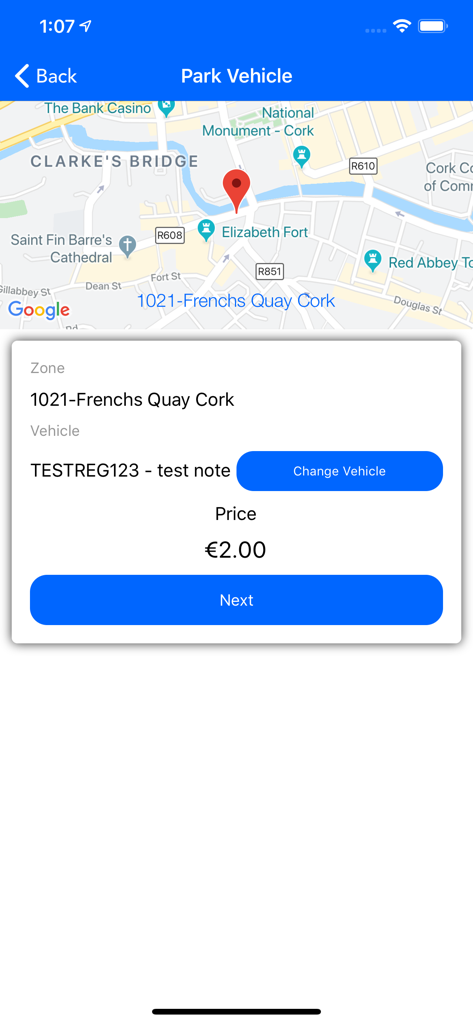 Cork Park by Phone - Screenshot of the Cork Park by Phone app displaying a vehicle parking session setup with a map of Cork and a price of two euros.