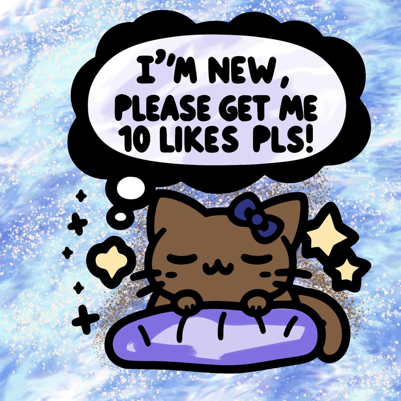kitty taking a nap dream talking and saying "i'm new, please get me at least 10 likes pls!!"