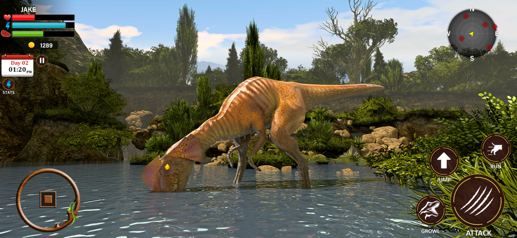 A 3D dinosaur drinking from a lake in a jungle environment with mobile game UI