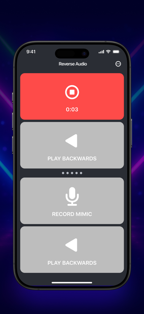 Reverse Audio ™ - Oberfläche der Reverse Audio App auf einem iPhone mit Aufnahme- und Wiedergabetasten für die virale Challenge.