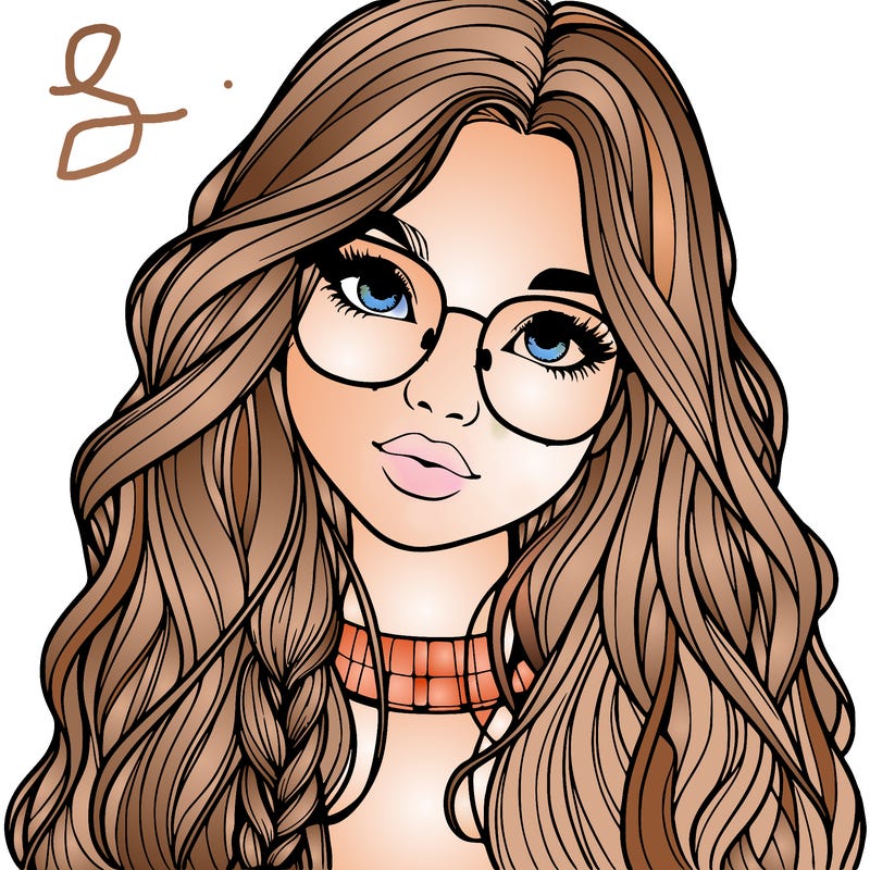 girl with long hair and freckles and glasses realistic
