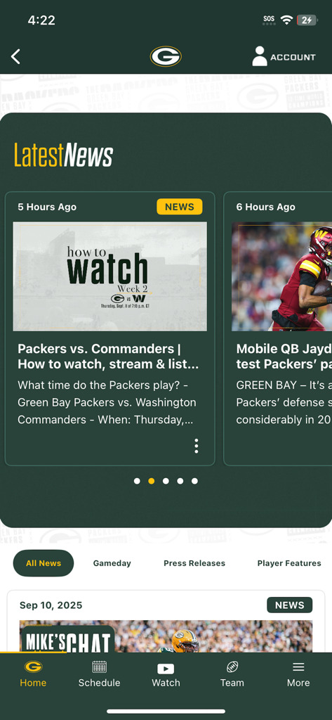 Green Bay Packers - The Latest News screen of the Green Bay Packers mobile app featuring game previews and team news articles