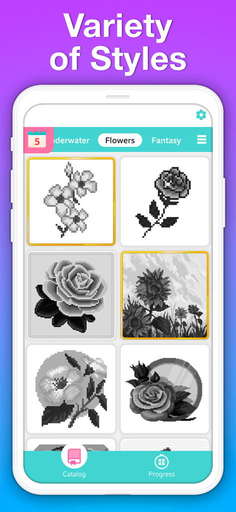 Un catálogo de diseños de arte pixelado con temática de flores dentro de la aplicación móvil PixelArt Saga.