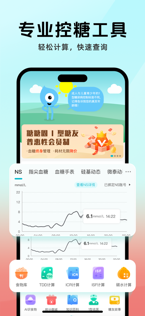 糖糖圈-科技改变1型糖尿病 - 혈당 추적 그래프와 T1D 관리 계산기를 표시하는 슈가 서클 앱 인터페이스