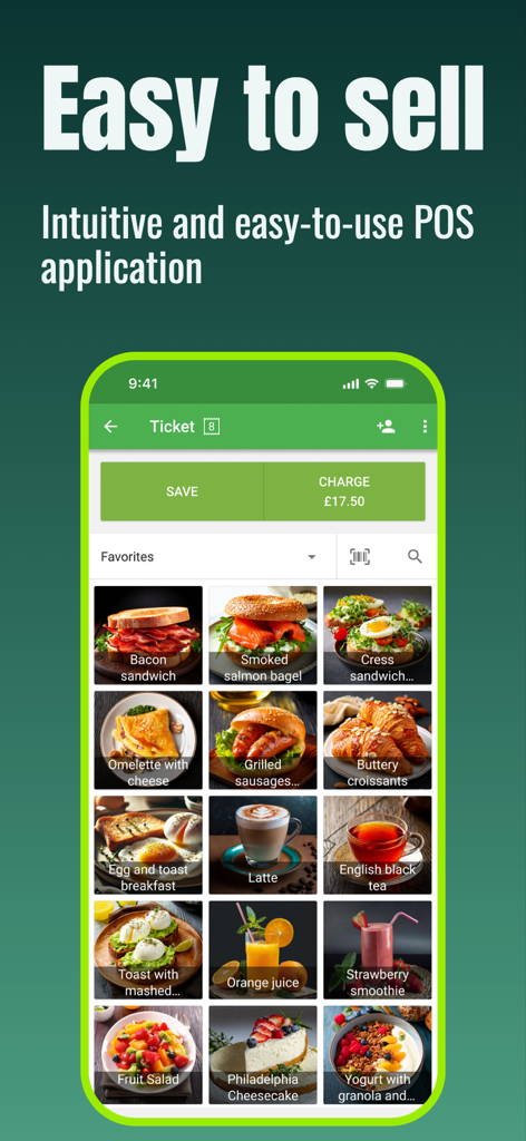 Loyverse POS - Point of Sale - Benutzeroberfläche der Loyverse POS App mit einem visuellen Menü für Speisen und Getränke für einen schnellen Checkout