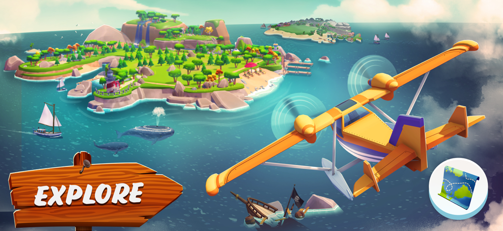 Sunshine Island: Farming Game - Ein gelbes Wasserflugzeug fliegt über einen tropischen Inselarchipel mit einem 'Explore'-Schild im Vordergrund