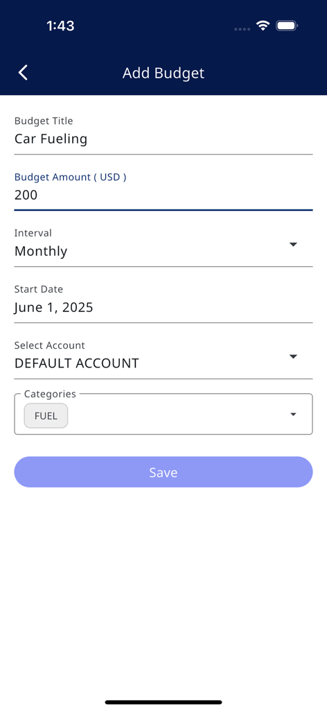 Simple Budget: Expense Manager - Interfaz para agregar un presupuesto mensual de combustible para automóvil en el gestor de gastos Simple Budget.