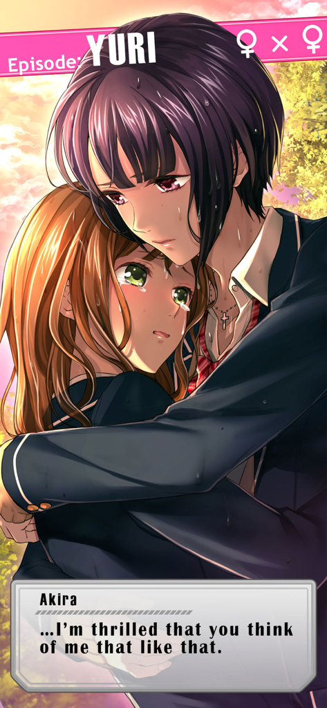 FirstLoveStory：YAOI,YURI,OTOME - Two anime high school girls in a emotional embrace during a Yuri story route in FirstLoveStory.