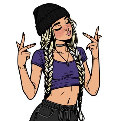 realistic teenage girl with braids and a beanie and crop top doing 🫶🏼