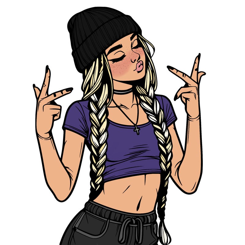 realistic teenage girl with braids and a beanie and crop top doing 🫶🏼