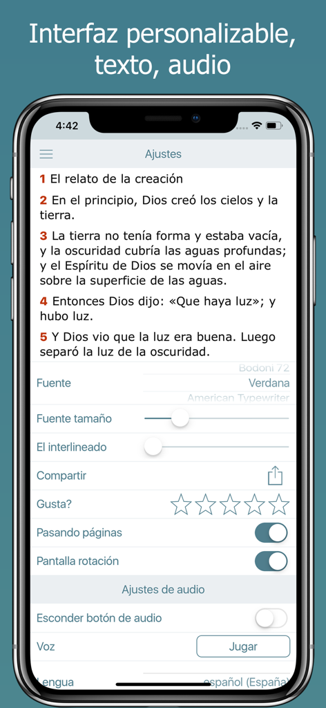 La Biblia NTV en Español Audio - Settings screen of the Spanish NTV Bible app showing font size line spacing and audio customization options on an iPhone
