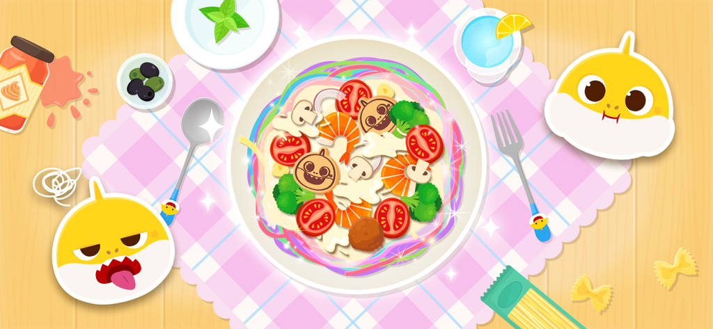 Baby Shark Pizza Game - Colorful rainbow pasta dish with shrimp and vegetables in the Baby Shark Pizza Game