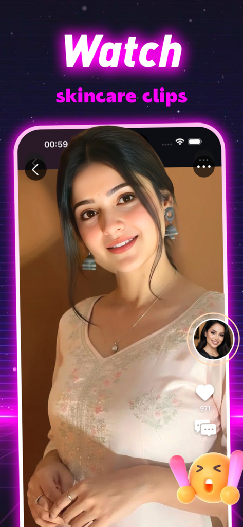 A smartphone screen displaying the Valen app interface with a woman in a skincare video clip and social engagement icons