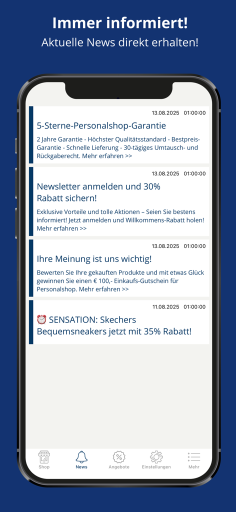 Feed de noticias en la aplicación Personalshop que muestra descuentos exclusivos de marca y promociones para clientes.