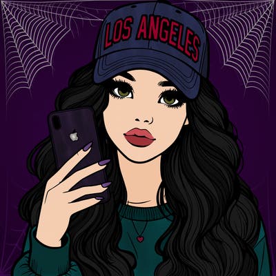 realistic beautiful girl wearing los ángeles cap holding an iphone