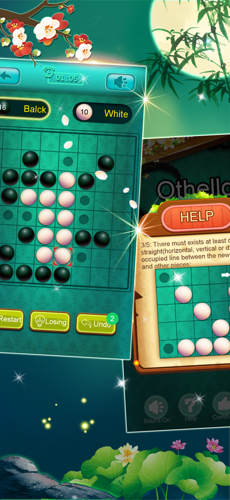 Gameplay mobile di Othello che mostra dischi bianchi e neri su un tabellone verde con un tema di fiori di ciliegio e bambù.