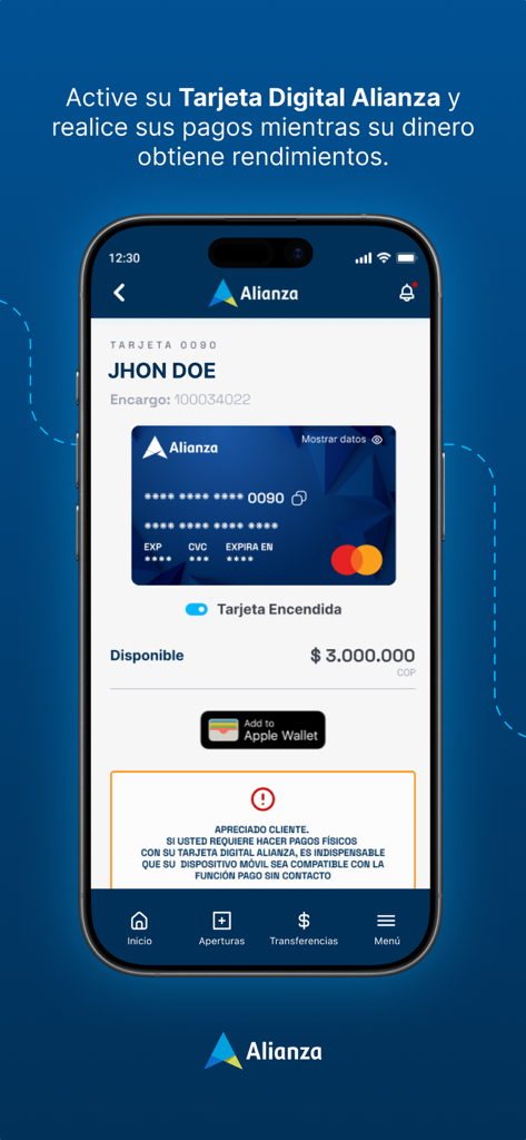 Alianza Móvil - Interfaz de la aplicación Alianza Movil que muestra la Tarjeta Digital Alianza con una opción para añadir a Apple Wallet