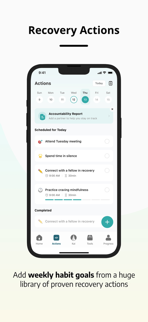 OpenRecovery - OpenRecovery app interface showing daily recovery actions and weekly habit goals.