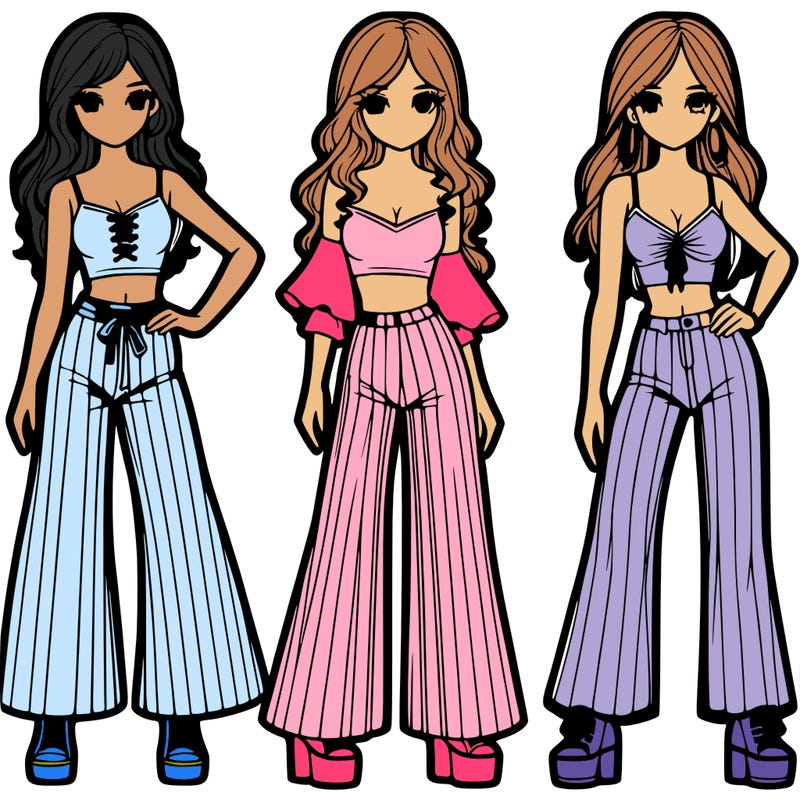 girls with flare pants and crop tops realistic