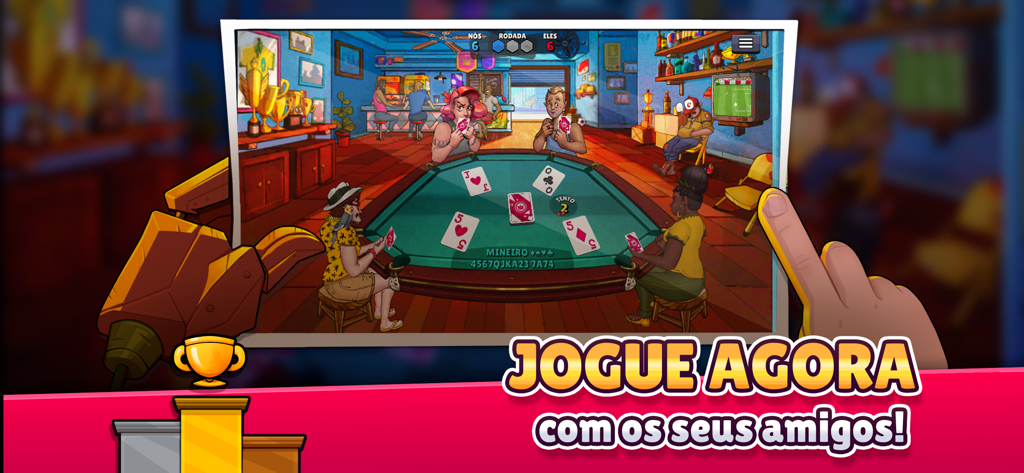 Four animated characters playing a card game in a Brazilian bar setting with the text Jogue agora com os seus amigos