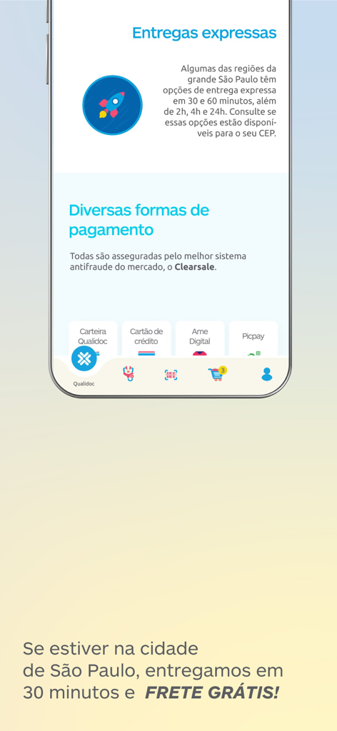 Qualidoc - Pantalla de la aplicación Qualidoc mostrando tiempos de entrega exprés y varios métodos de pago seguros