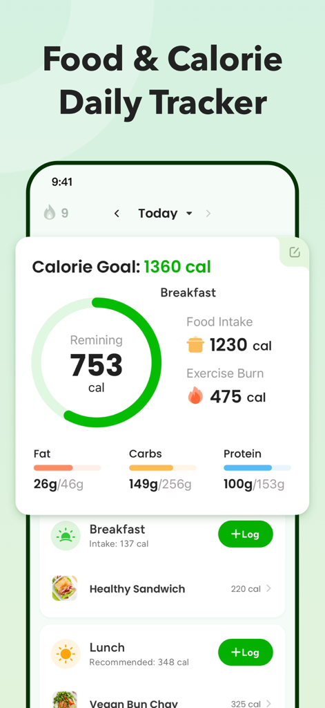 Calo Care: AI Calorie Tracker - Panel de la aplicación Calo Care que muestra los objetivos de calorías y el progreso de macronutrientes