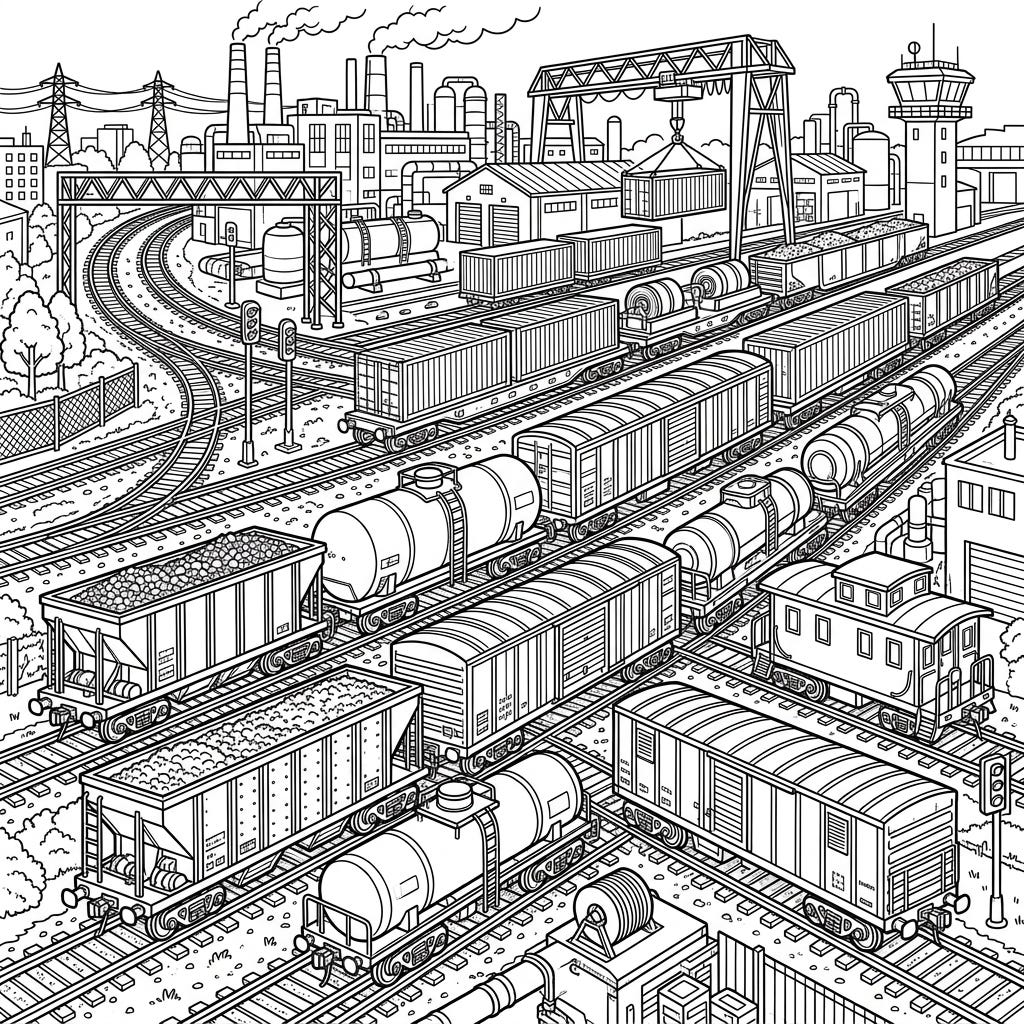 Detailed Freight Train Rail Yard Coloring Page for Teens