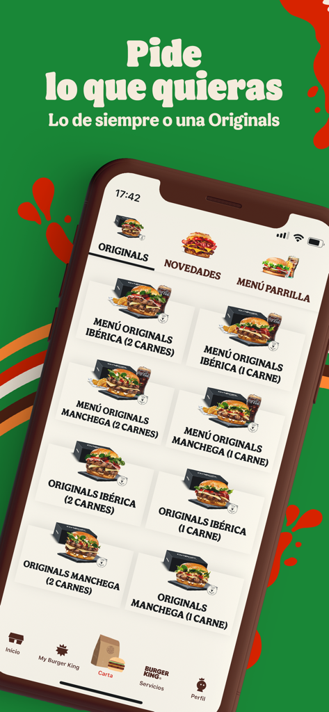 Screenshot of the Burger King España app menu showing various burger options under the Originals section.