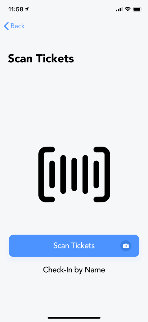 GoTour Excursions - GoTour Excursionsアプリのスキャ​​ンチケット画面。バーコードアイコンとスキャンを開始するボタンが表示されています。
