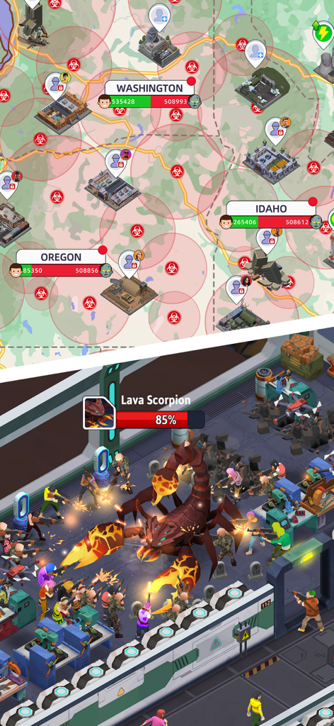 Idle Survivor Fortress Tycoon - Map of US zombie outbreaks and survivors fighting a giant lava scorpion boss