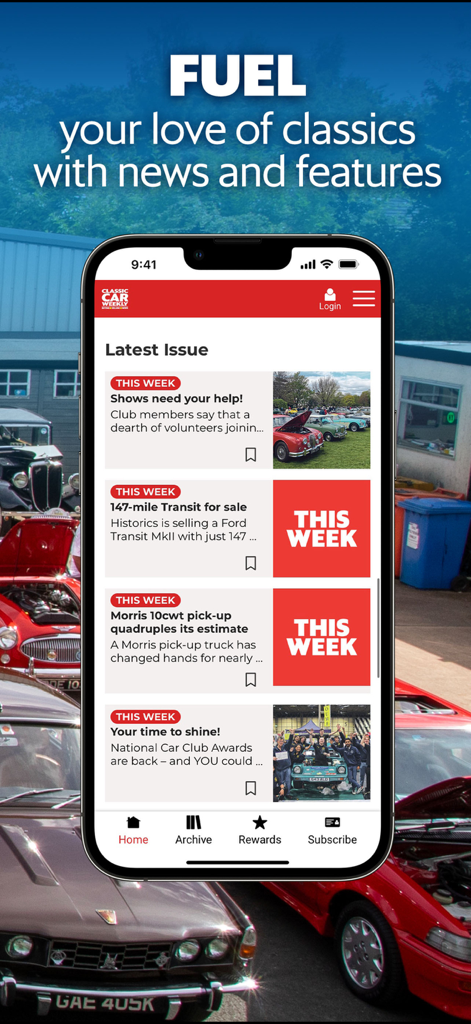 Schermata dell'app Classic Car Weekly che mostra articoli di notizie e aste per gli appassionati di auto