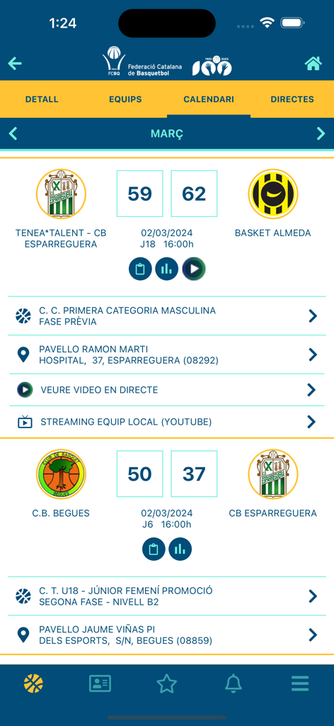 Basquet Catala app screen displaying basketball match scores and game calendar